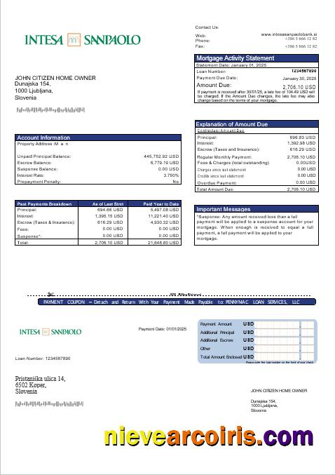Slovenia Intesa Sanpaolo bank mortgage statement